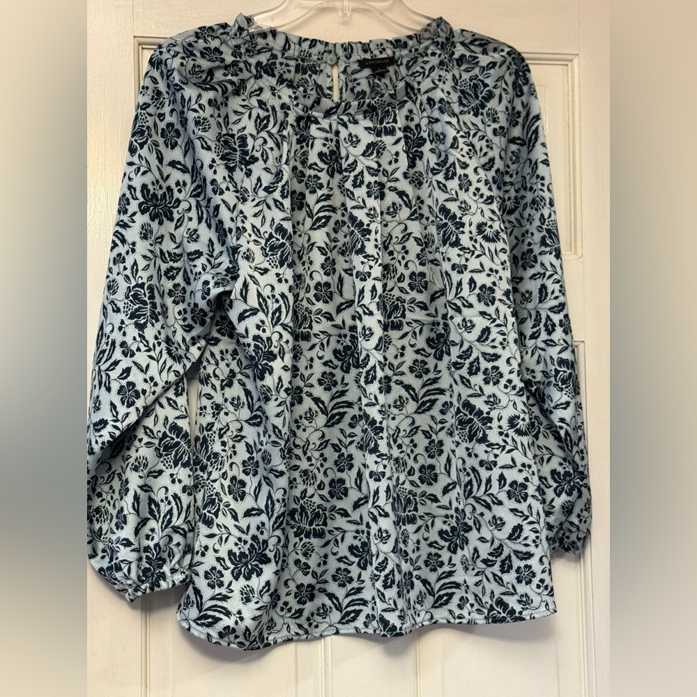 Ann Taylor Navy Blue and Black Floral Blouse
